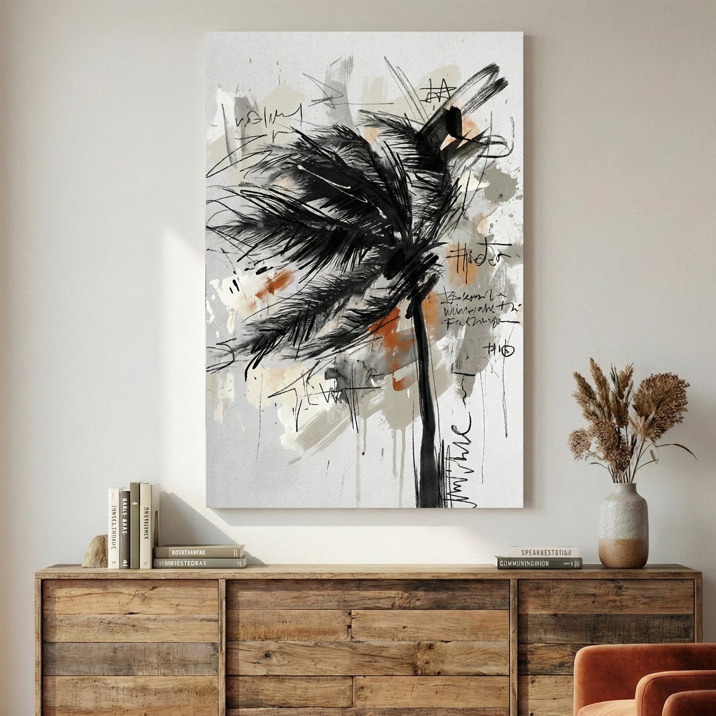 Palm tree swaying wind sketch retro ink watercolour illustration