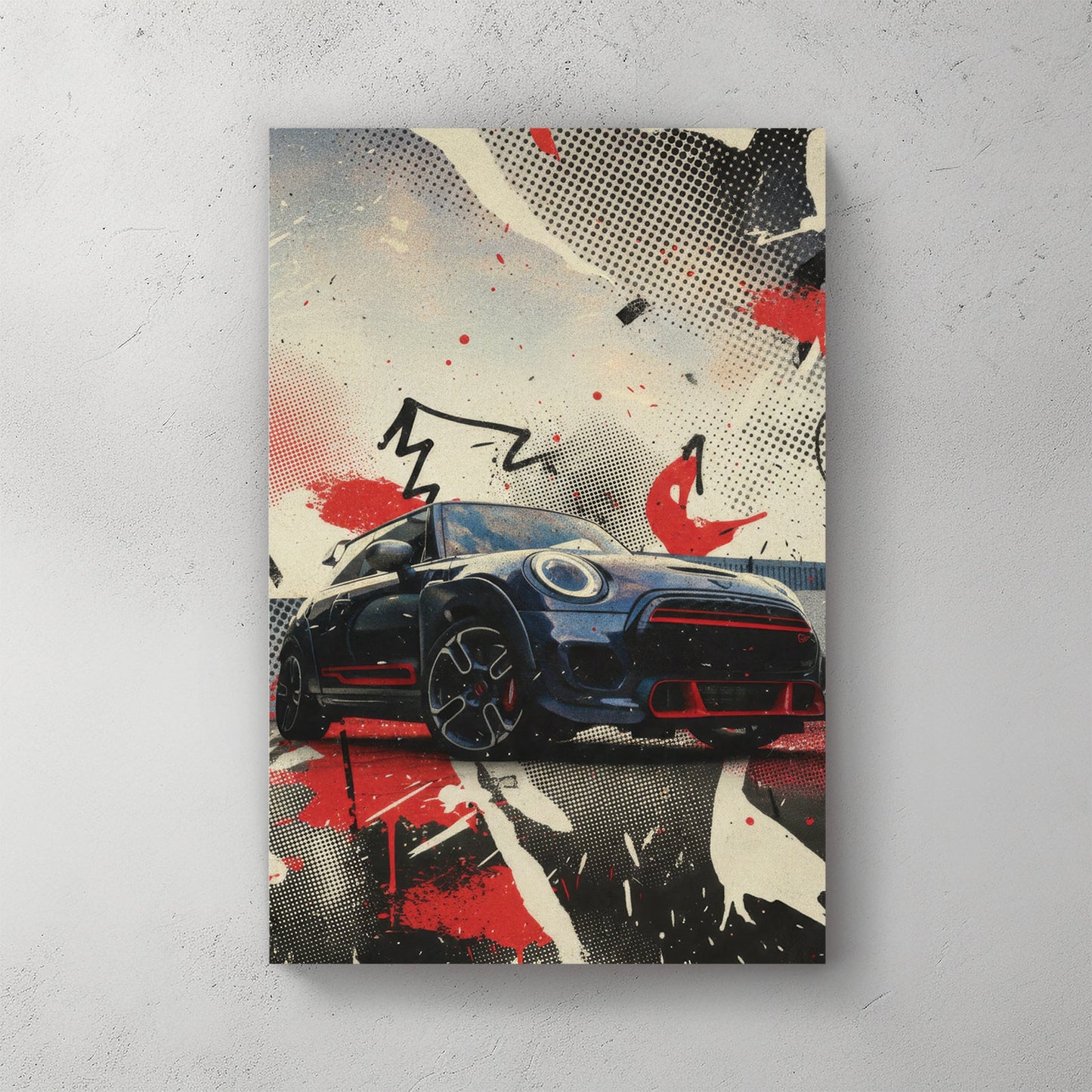 Mini Cooper pop art illustration with red, black, white, and halftone geometric design