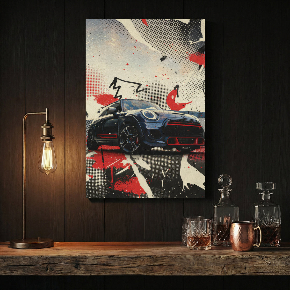 Mini Cooper pop art illustration with red, black, white, and halftone geometric design