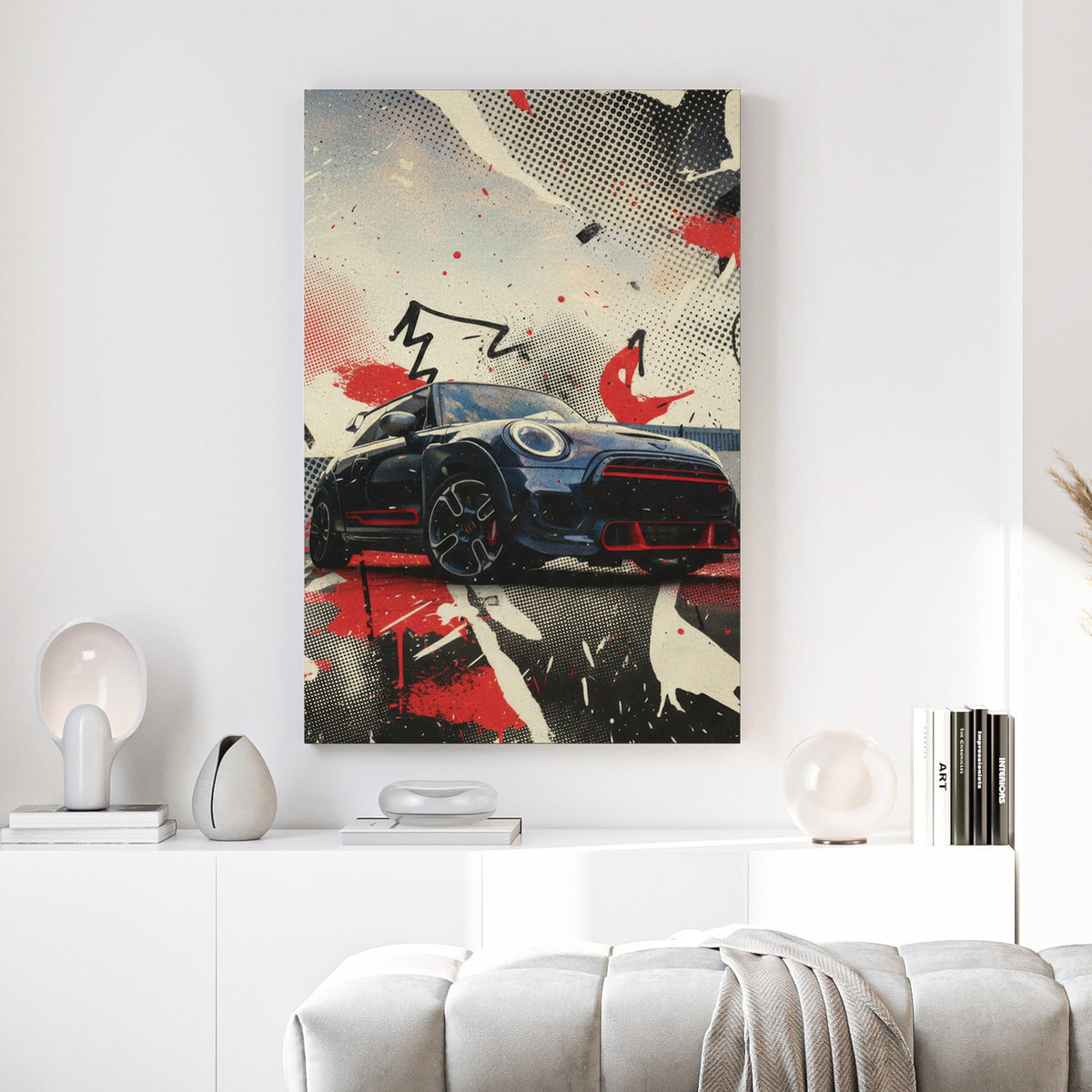 Mini Cooper pop art illustration with red, black, white, and halftone geometric design