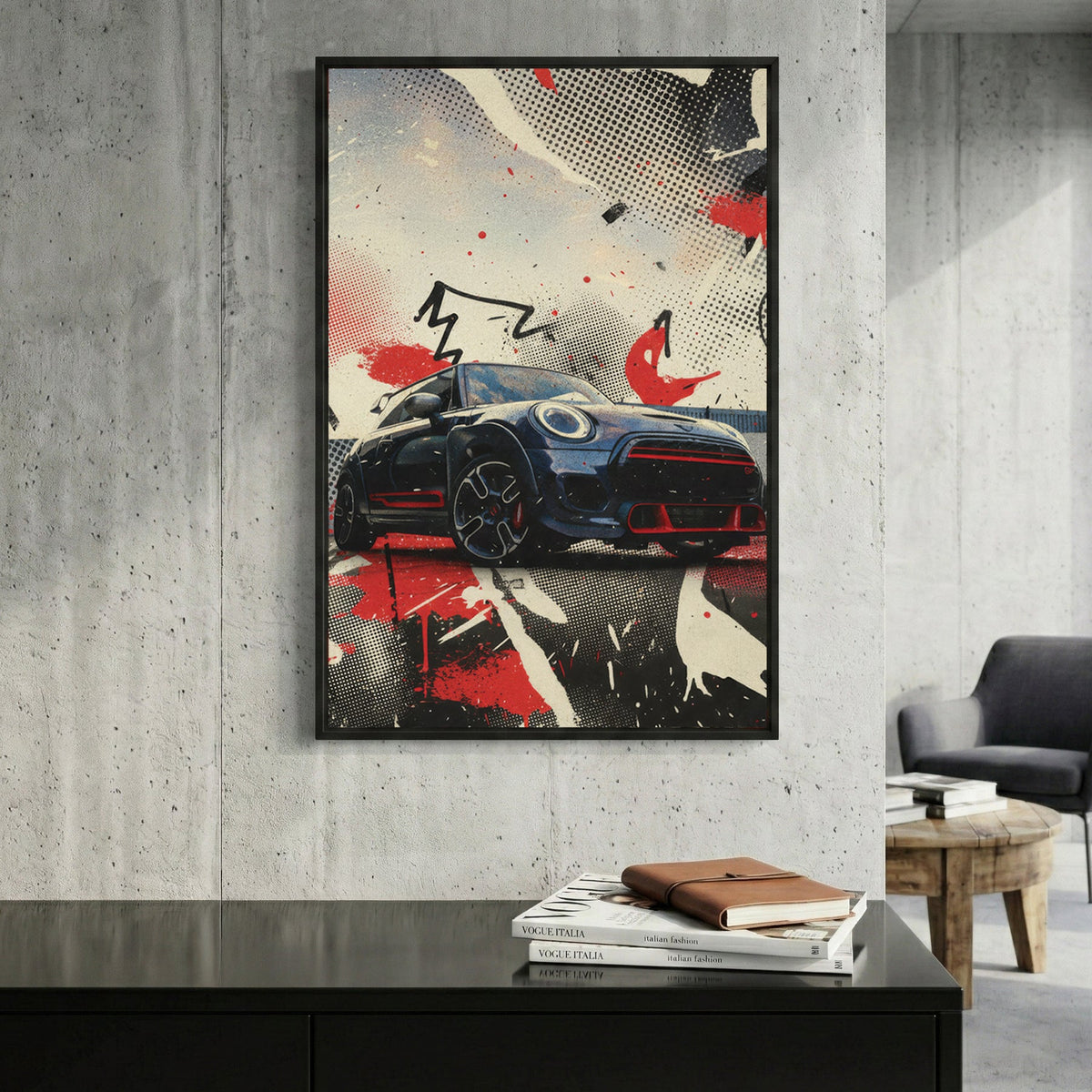 Mini Cooper pop art illustration with red, black, white, and halftone geometric design