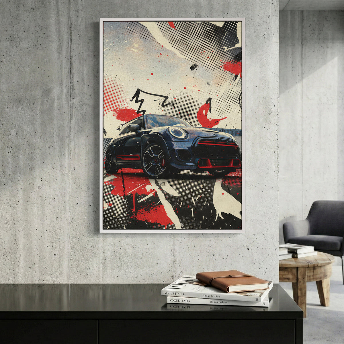 Mini Cooper pop art illustration with red, black, white, and halftone geometric design
