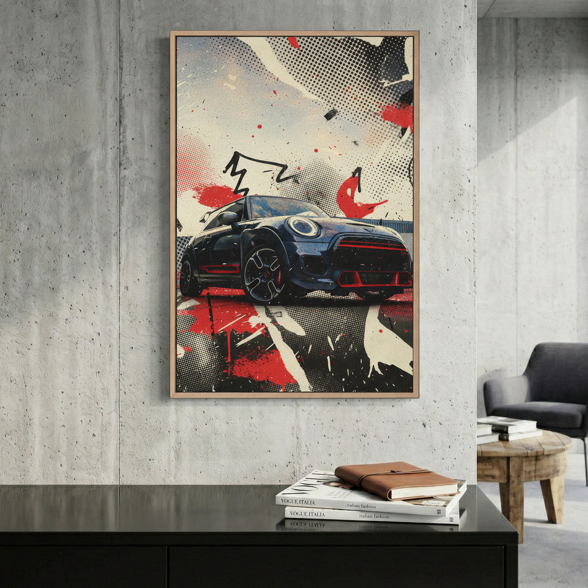 Mini Cooper pop art illustration with red, black, white, and halftone geometric design