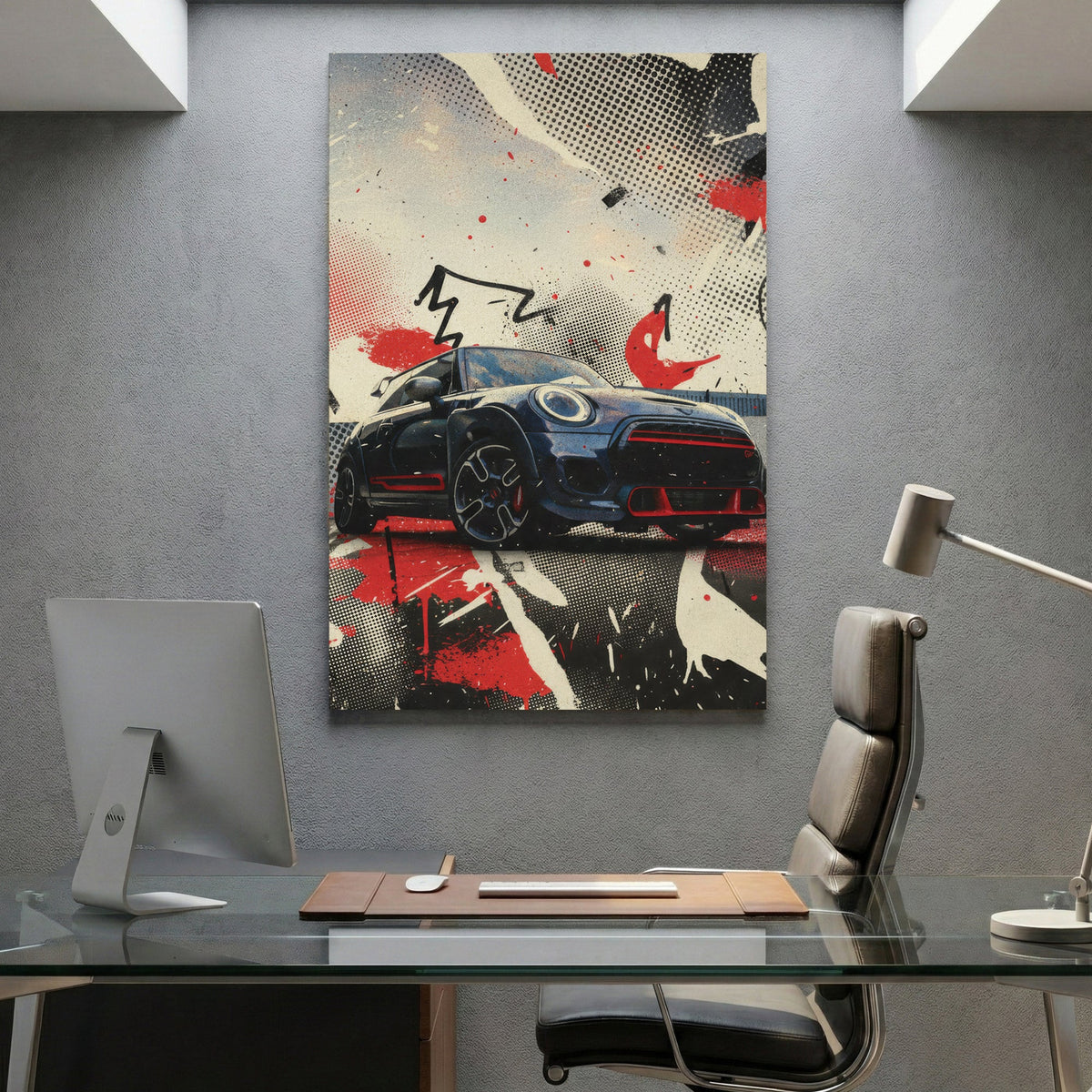 Mini Cooper pop art illustration with red, black, white, and halftone geometric design
