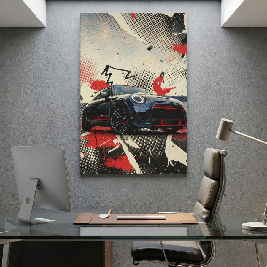 Mini Cooper pop art illustration with red, black, white, and halftone geometric design