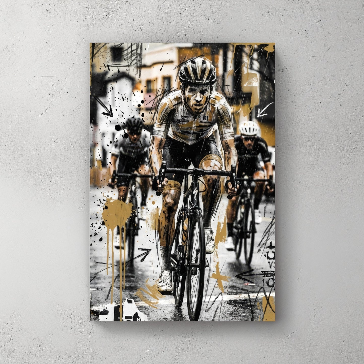 Cyclist in helmet and racing gear, sketch art style with geometric elements
