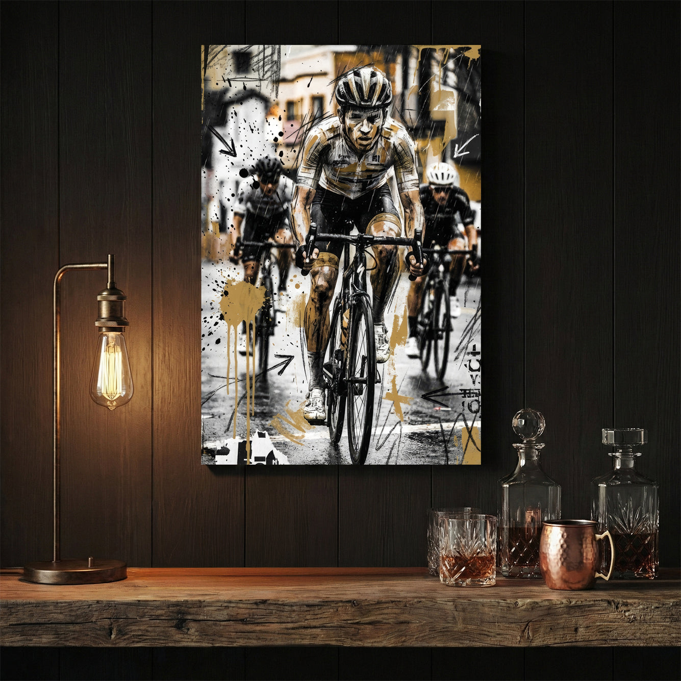 Cyclist in helmet and racing gear, sketch art style with geometric elements
