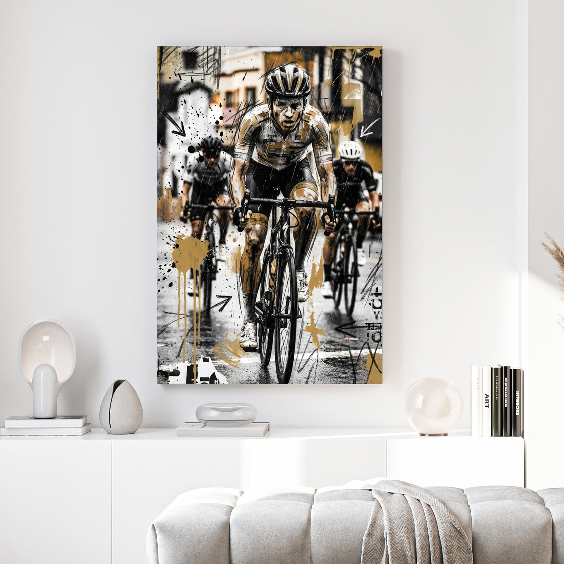 Cyclist in helmet and racing gear, sketch art style with geometric elements