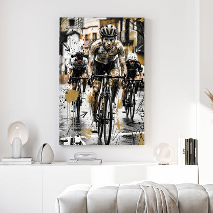 Cyclist in helmet and racing gear, sketch art style with geometric elements