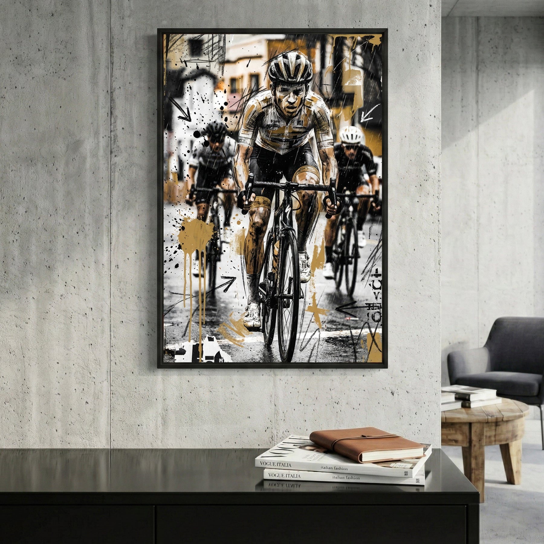 Cyclist in helmet and racing gear, sketch art style with geometric elements
