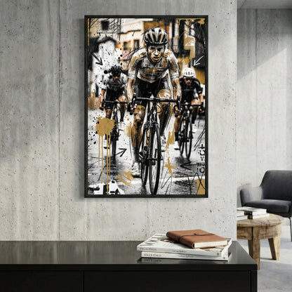 Cyclist in helmet and racing gear, sketch art style with geometric elements