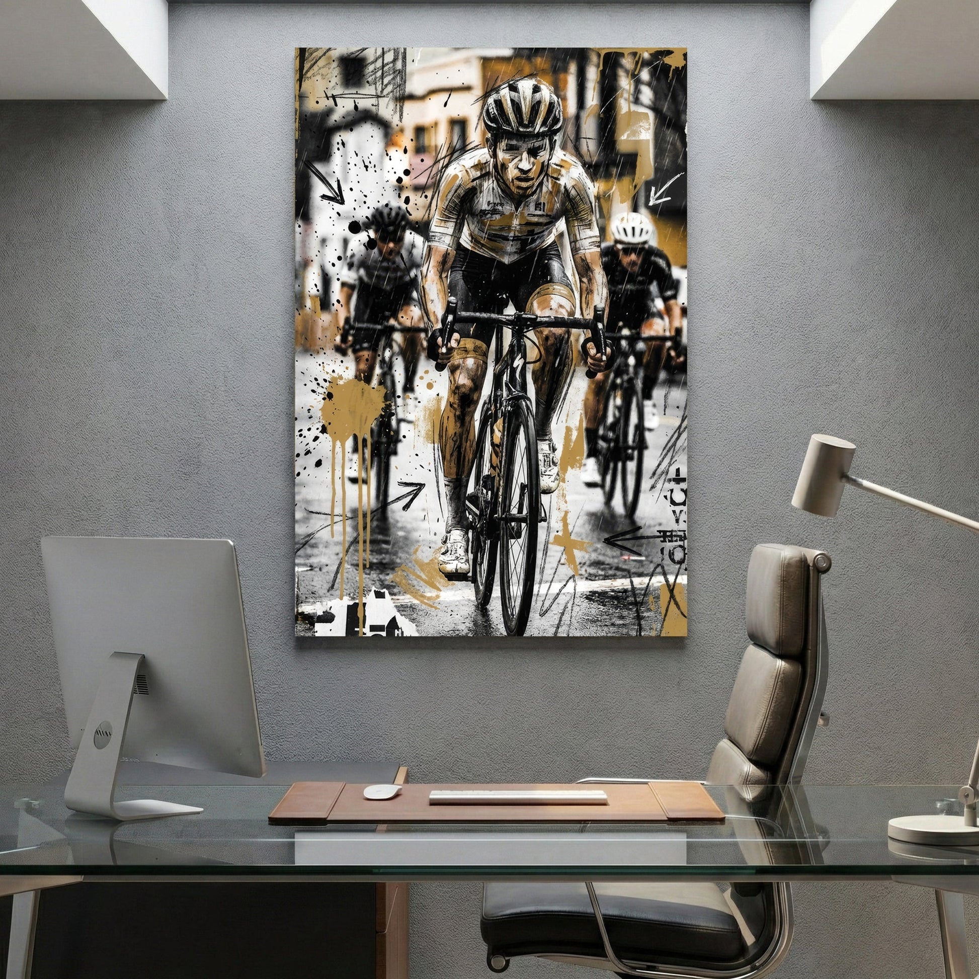 Cyclist in helmet and racing gear, sketch art style with geometric elements