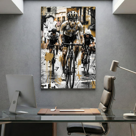 Cyclist in helmet and racing gear, sketch art style with geometric elements