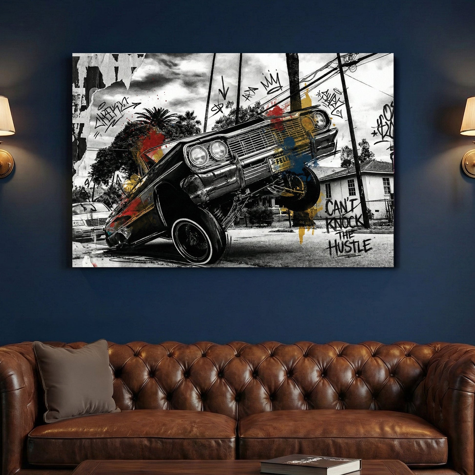 Lowrider car with street art and graffiti, urban style