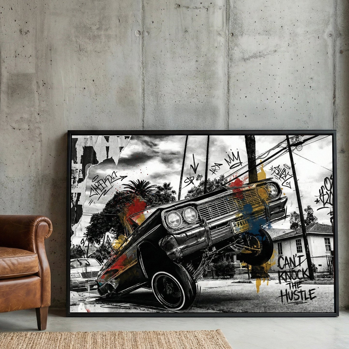 Lowrider car with street art and graffiti, urban style