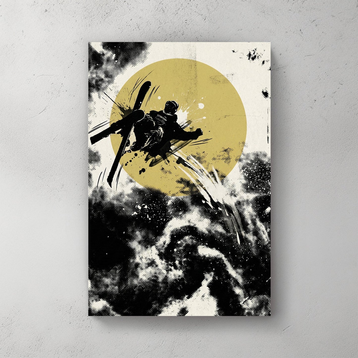 Freestyle skier silhouette pop art with yellow circle and dynamic black ink effects