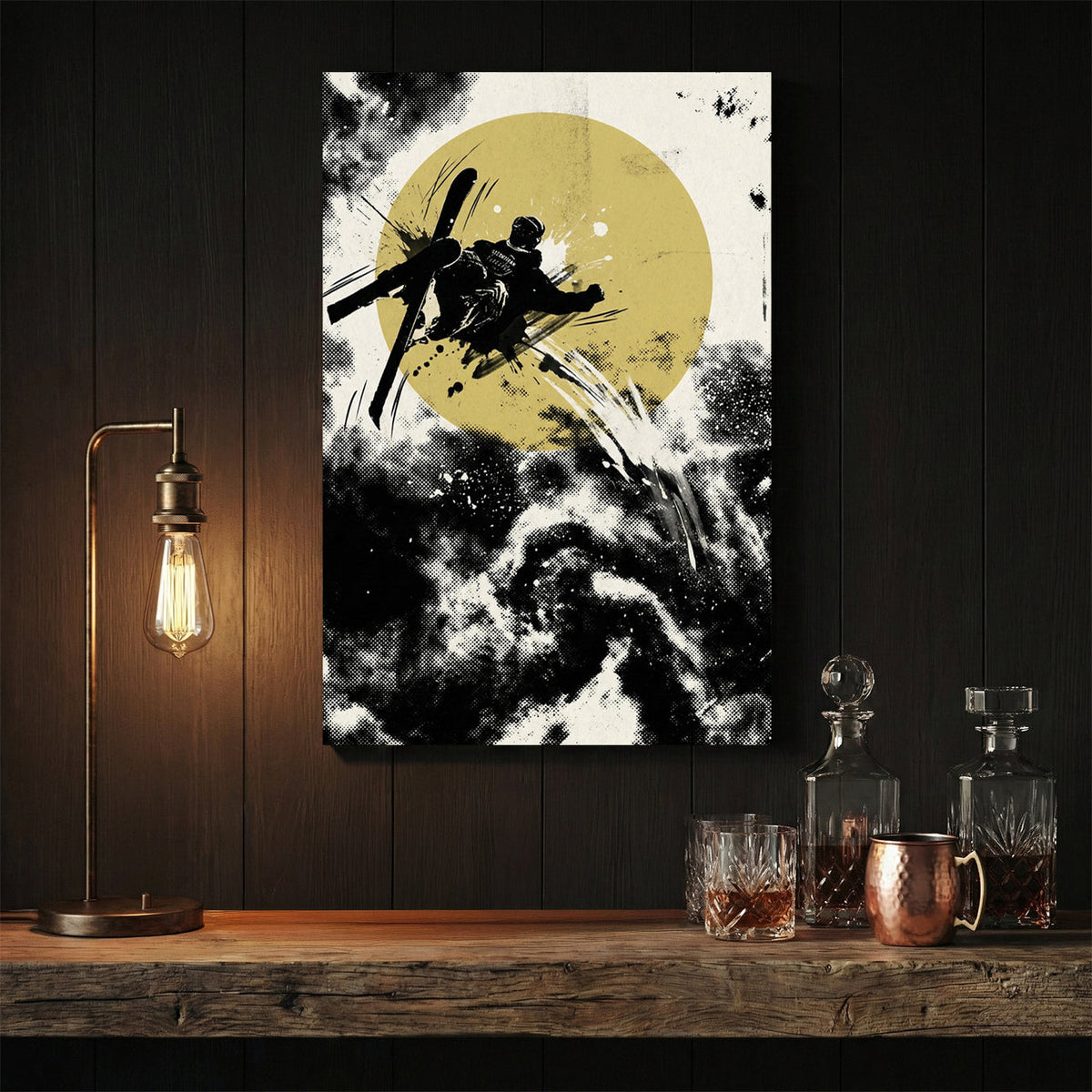 Freestyle skier silhouette pop art with yellow circle and dynamic black ink effects