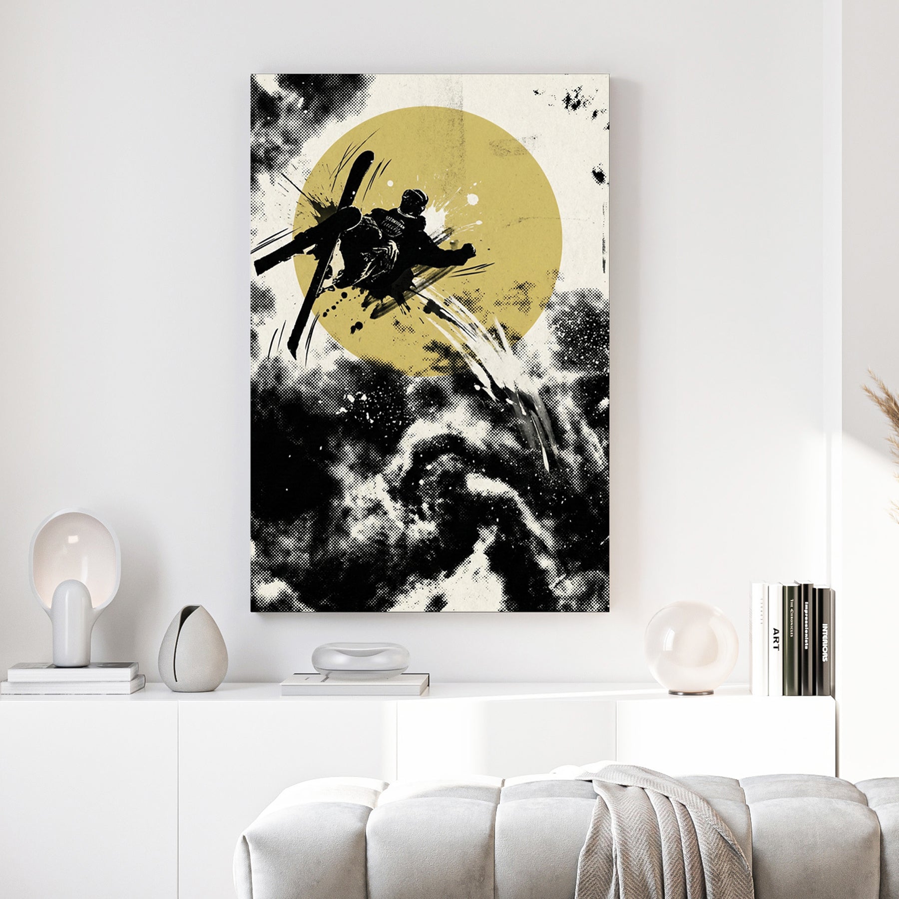 Freestyle skier silhouette pop art with yellow circle and dynamic black ink effects