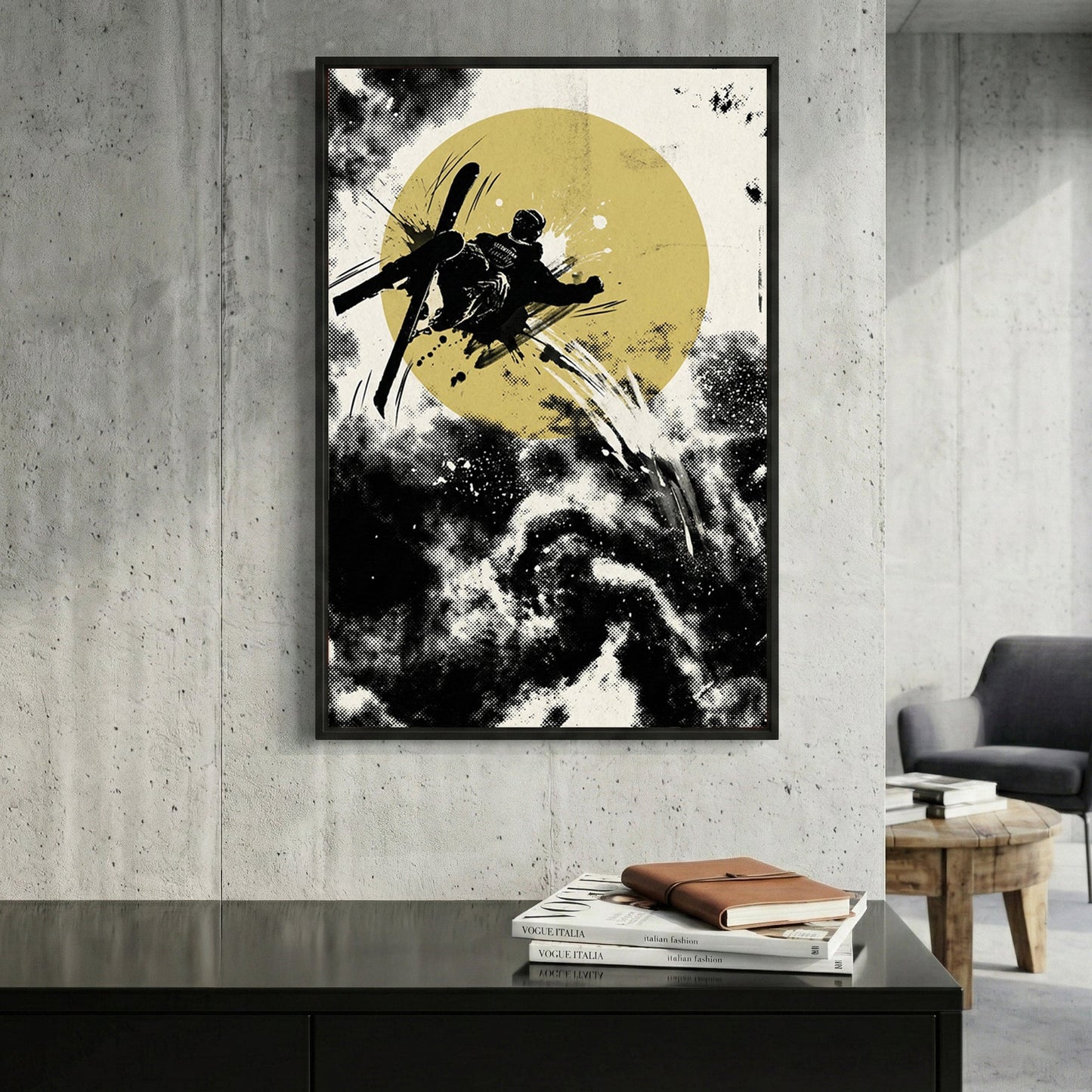 Freestyle skier silhouette pop art with yellow circle and dynamic black ink effects