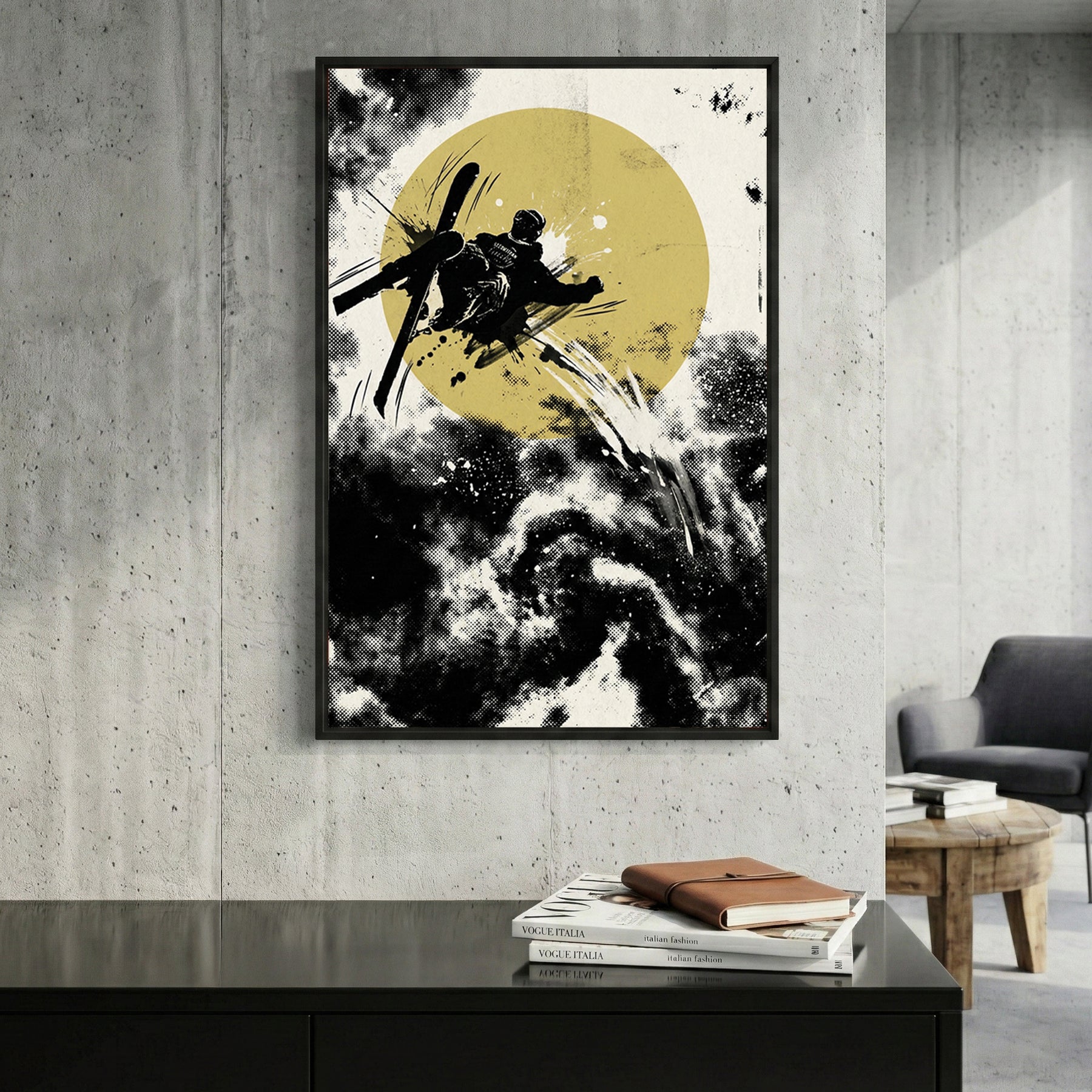 Freestyle skier silhouette pop art with yellow circle and dynamic black ink effects