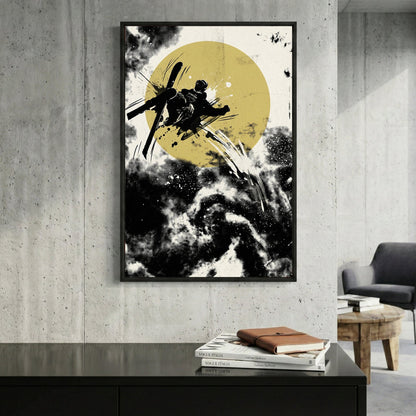 Freestyle skier silhouette pop art with yellow circle and dynamic black ink effects