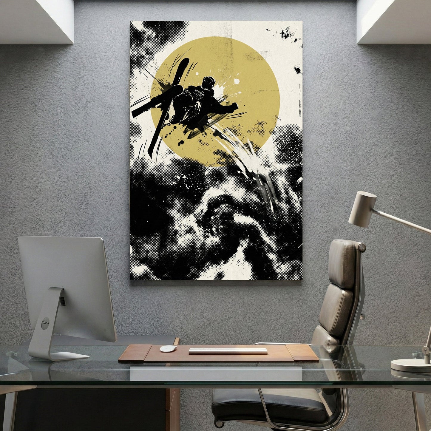 Freestyle skier silhouette pop art with yellow circle and dynamic black ink effects