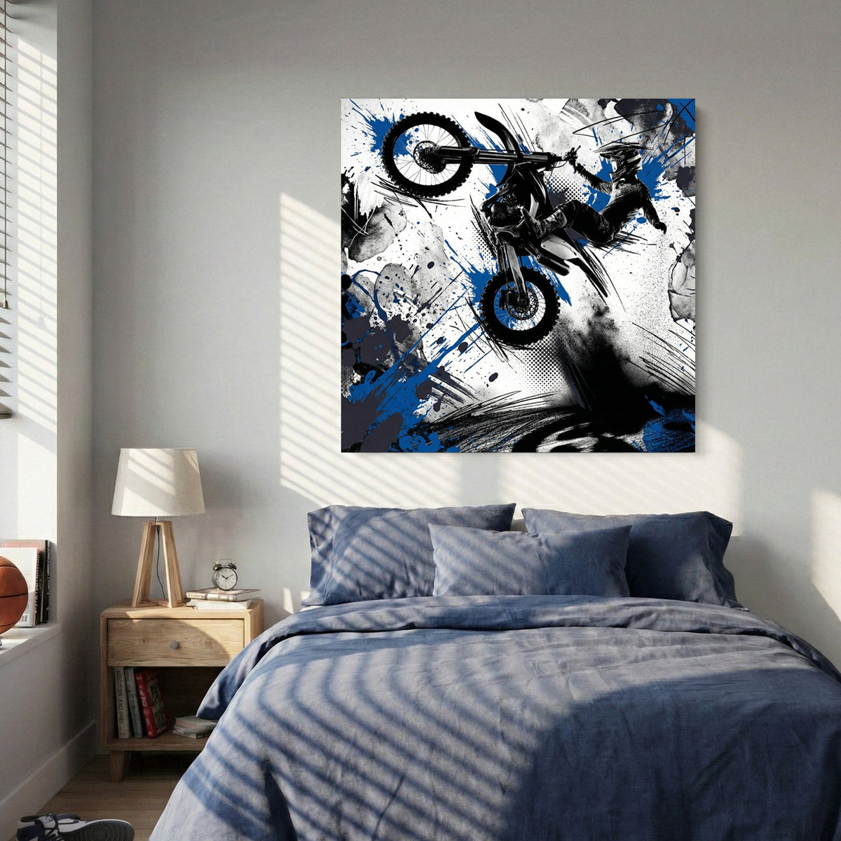 Motocross rider on bike in mid-jump with blue ink splatters and geometric design
