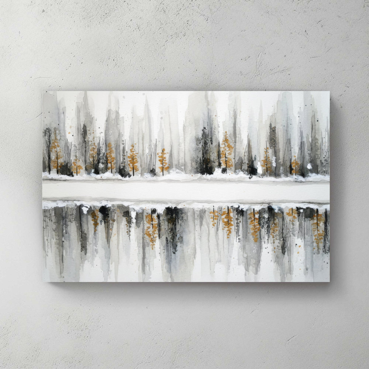 Winter forest with evergreens reflected in water, watercolour landscape