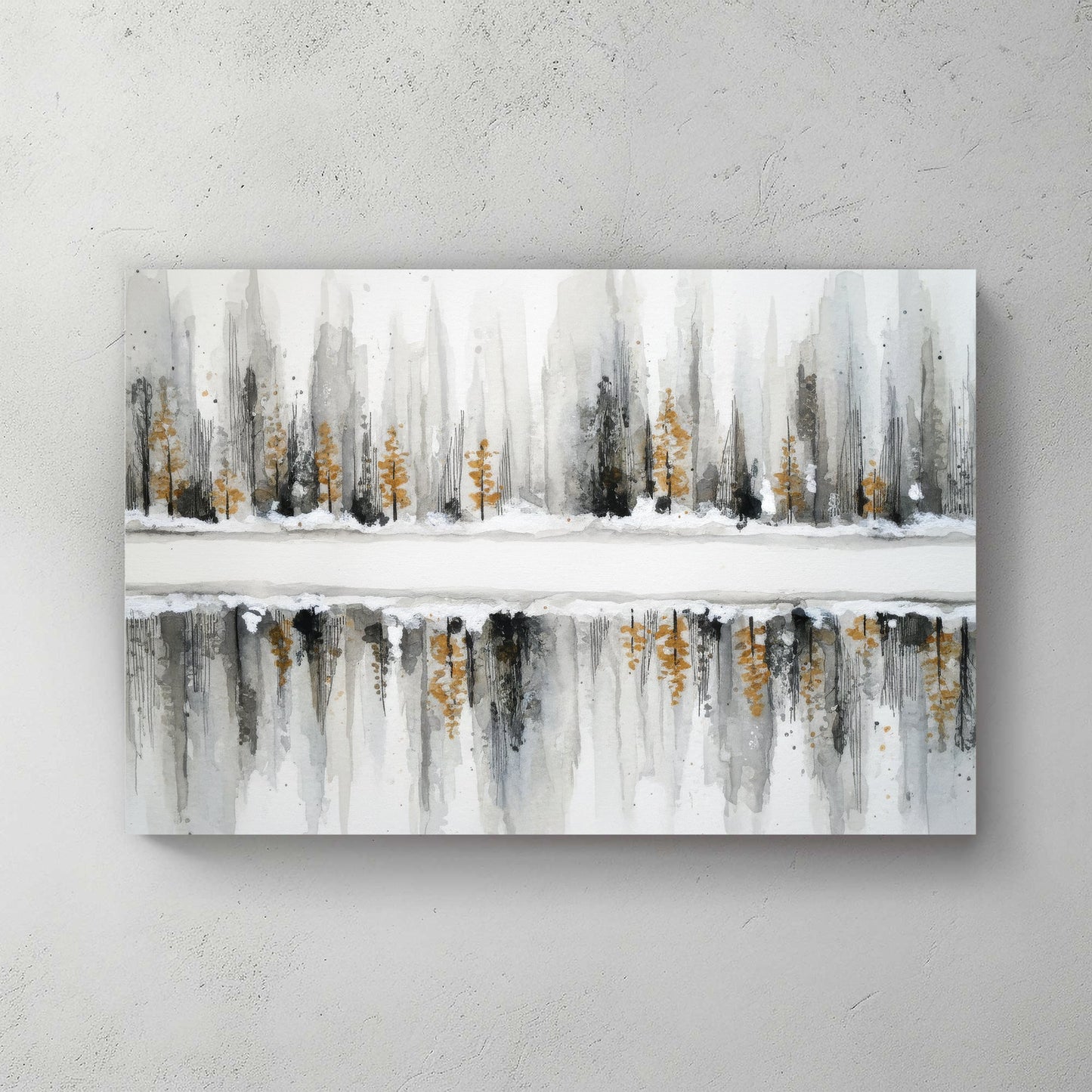 Winter forest with evergreens reflected in water, watercolour landscape