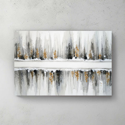 Winter forest with evergreens reflected in water, watercolour landscape