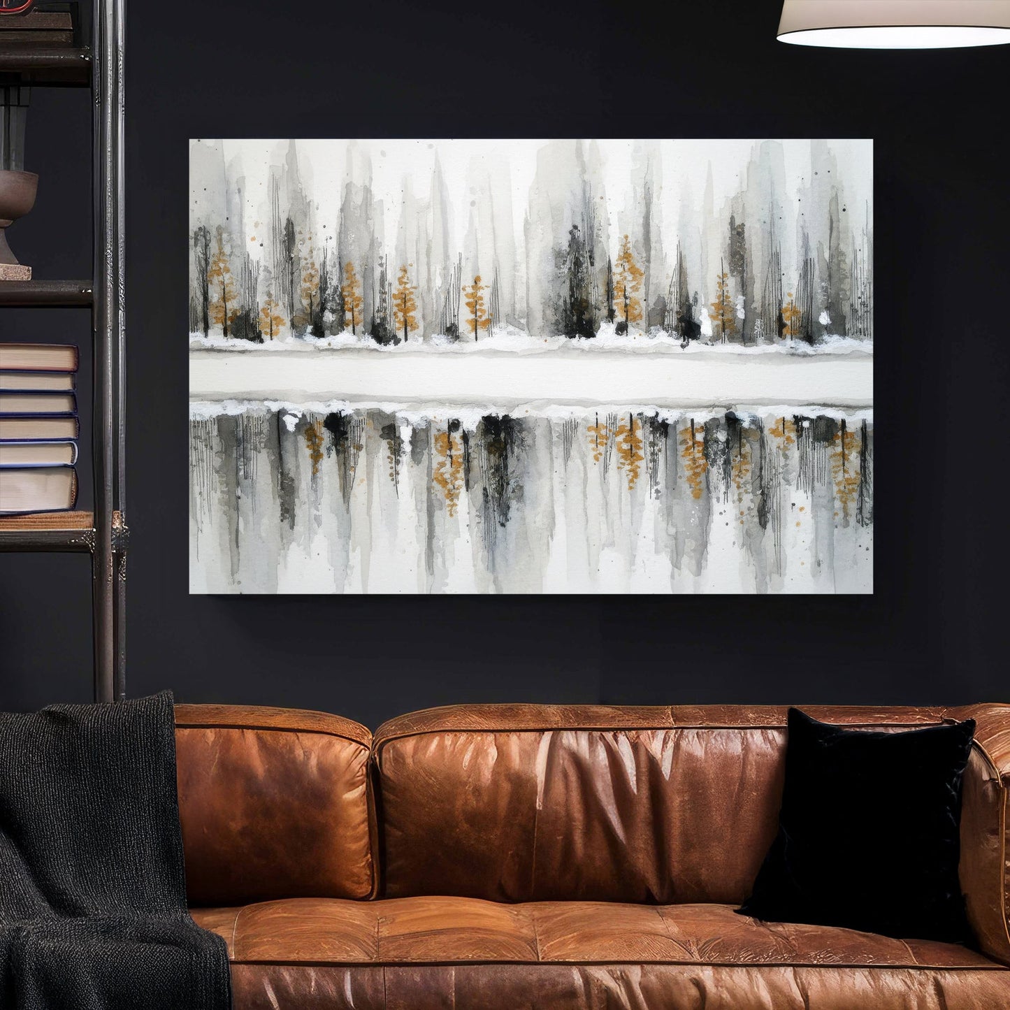 Winter forest with evergreens reflected in water, watercolour landscape