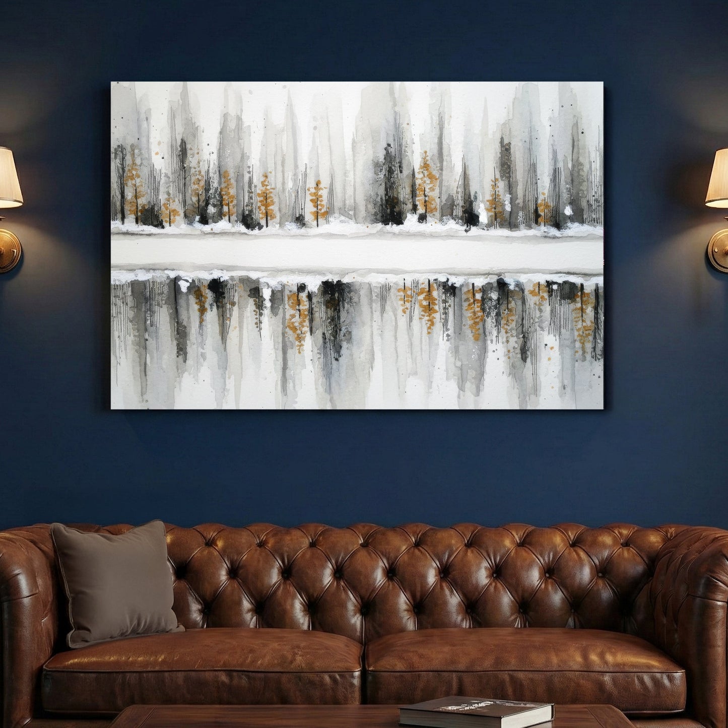 Winter forest with evergreens reflected in water, watercolour landscape