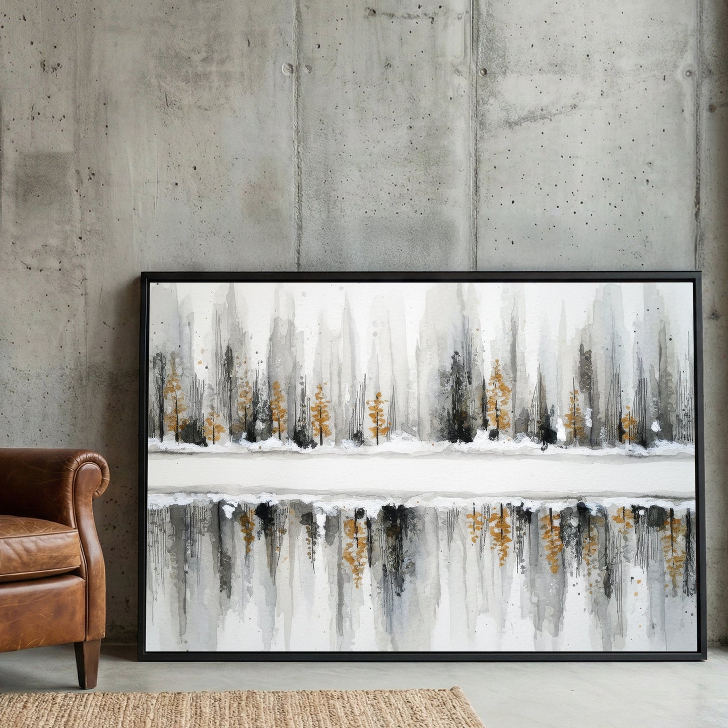 Winter forest with evergreens reflected in water, watercolour landscape