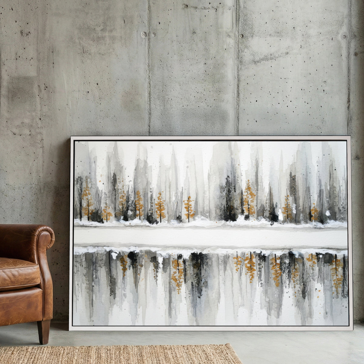 Winter forest with evergreens reflected in water, watercolour landscape