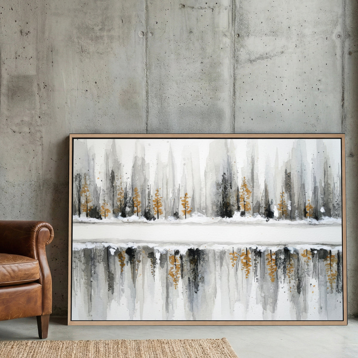Winter forest with evergreens reflected in water, watercolour landscape