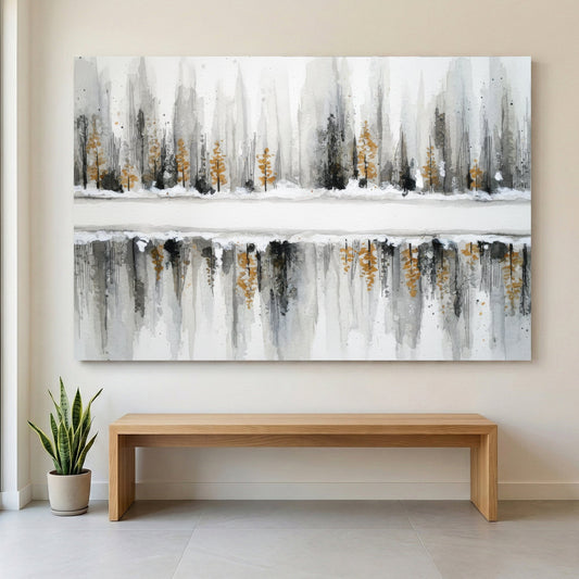 Winter forest with evergreens reflected in water, watercolour landscape