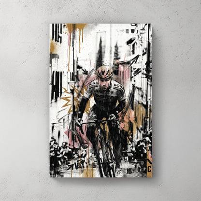Cyclist in racing gear with mixed media art, athletic portrait