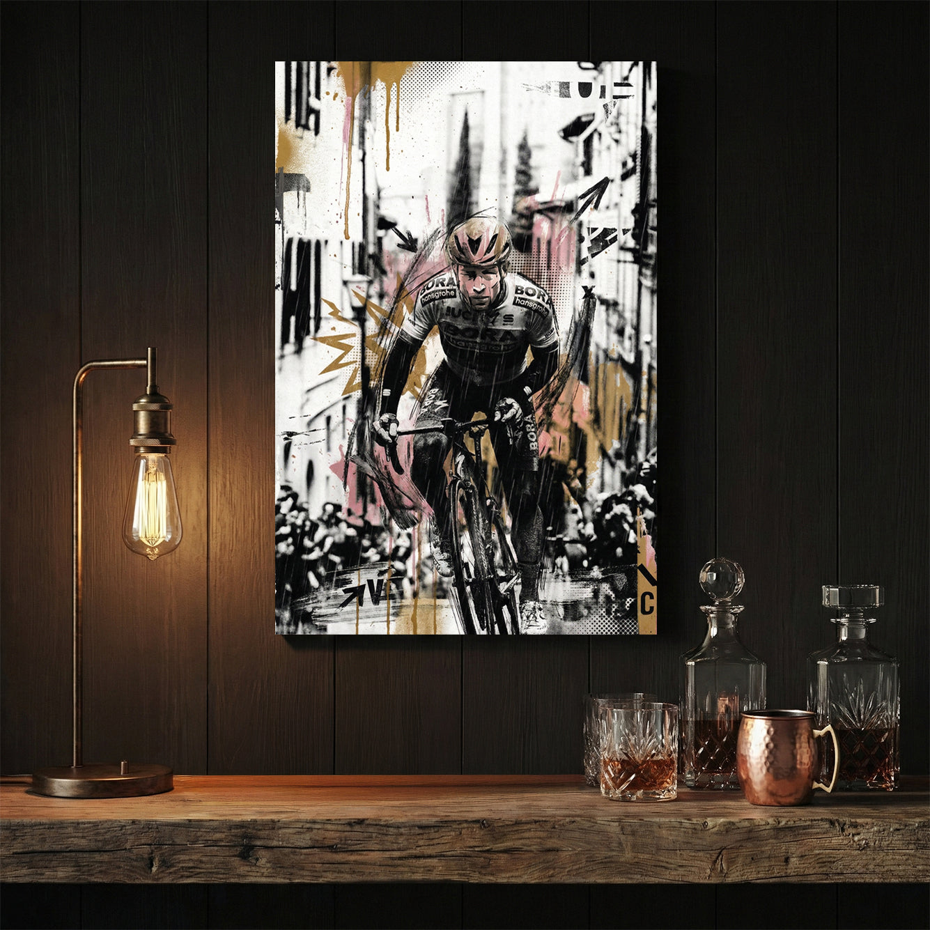 Cyclist in racing gear with mixed media art, athletic portrait