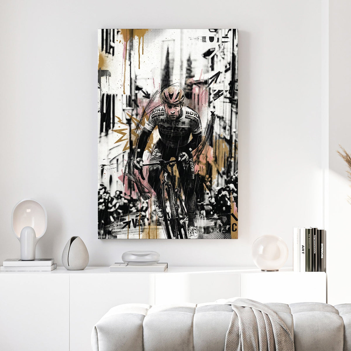 Cyclist in racing gear with mixed media art, athletic portrait