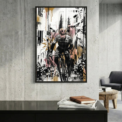 Cyclist in racing gear with mixed media art, athletic portrait