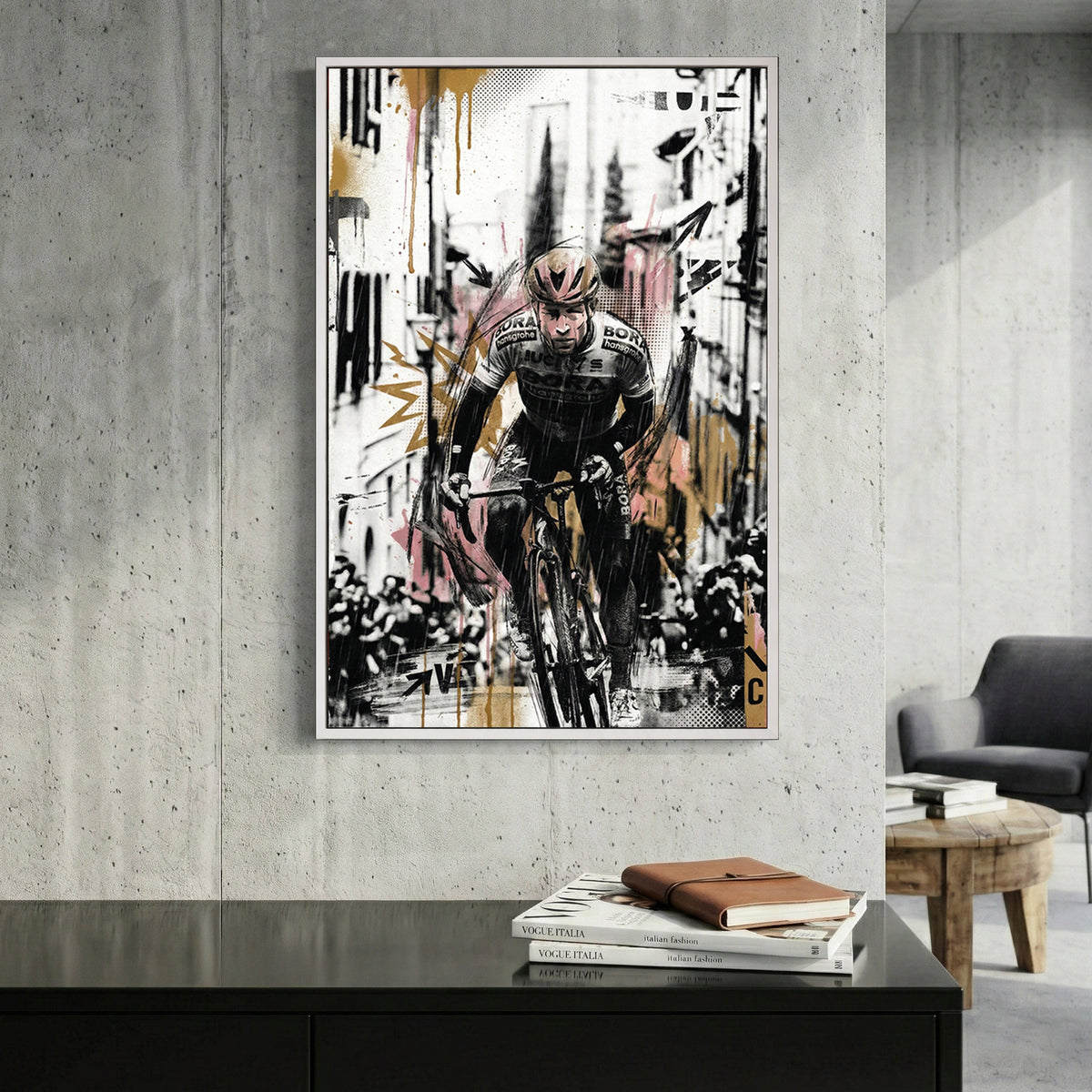 Cyclist in racing gear with mixed media art, athletic portrait