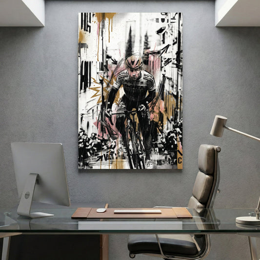 Cyclist in racing gear with mixed media art, athletic portrait