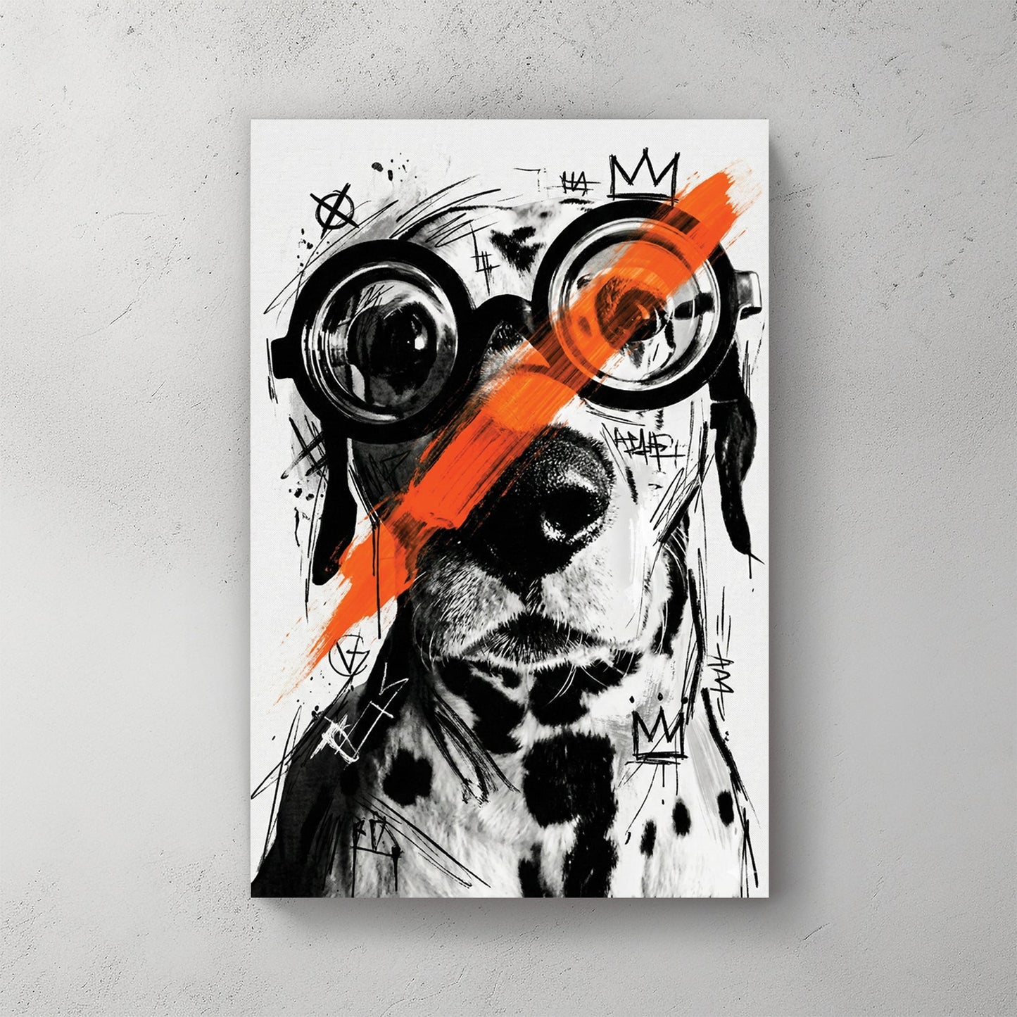 Portrait of figure in nerdy glasses with black ink and orange accents, street art style