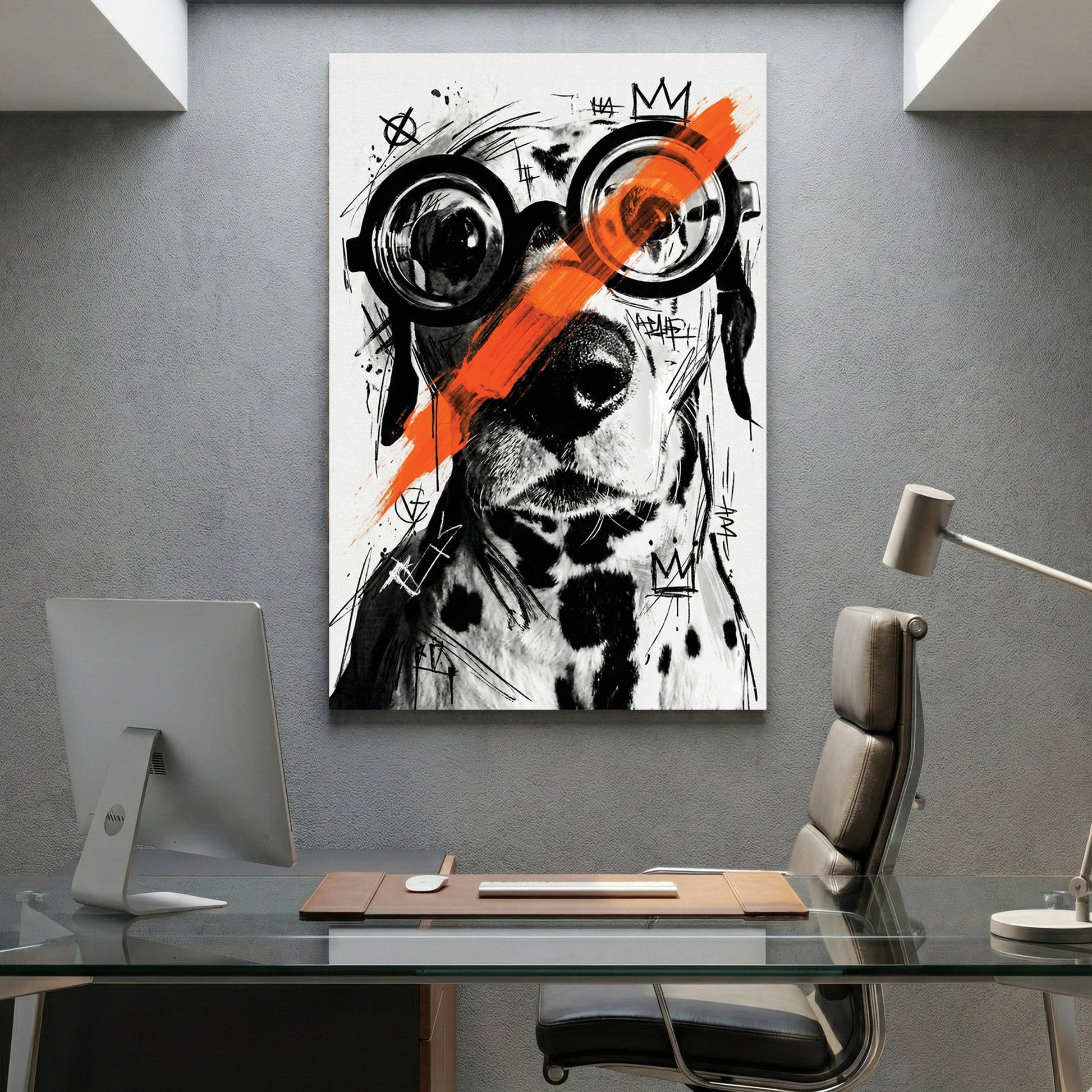 Portrait of figure in nerdy glasses with black ink and orange accents, street art style