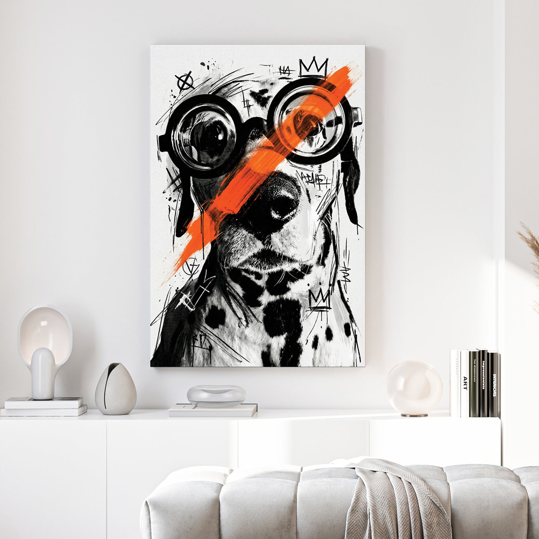 Portrait of figure in nerdy glasses with black ink and orange accents, street art style