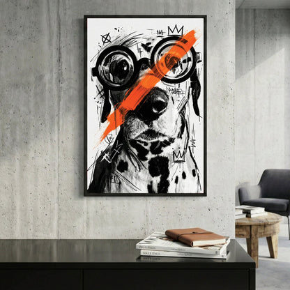 Portrait of figure in nerdy glasses with black ink and orange accents, street art style