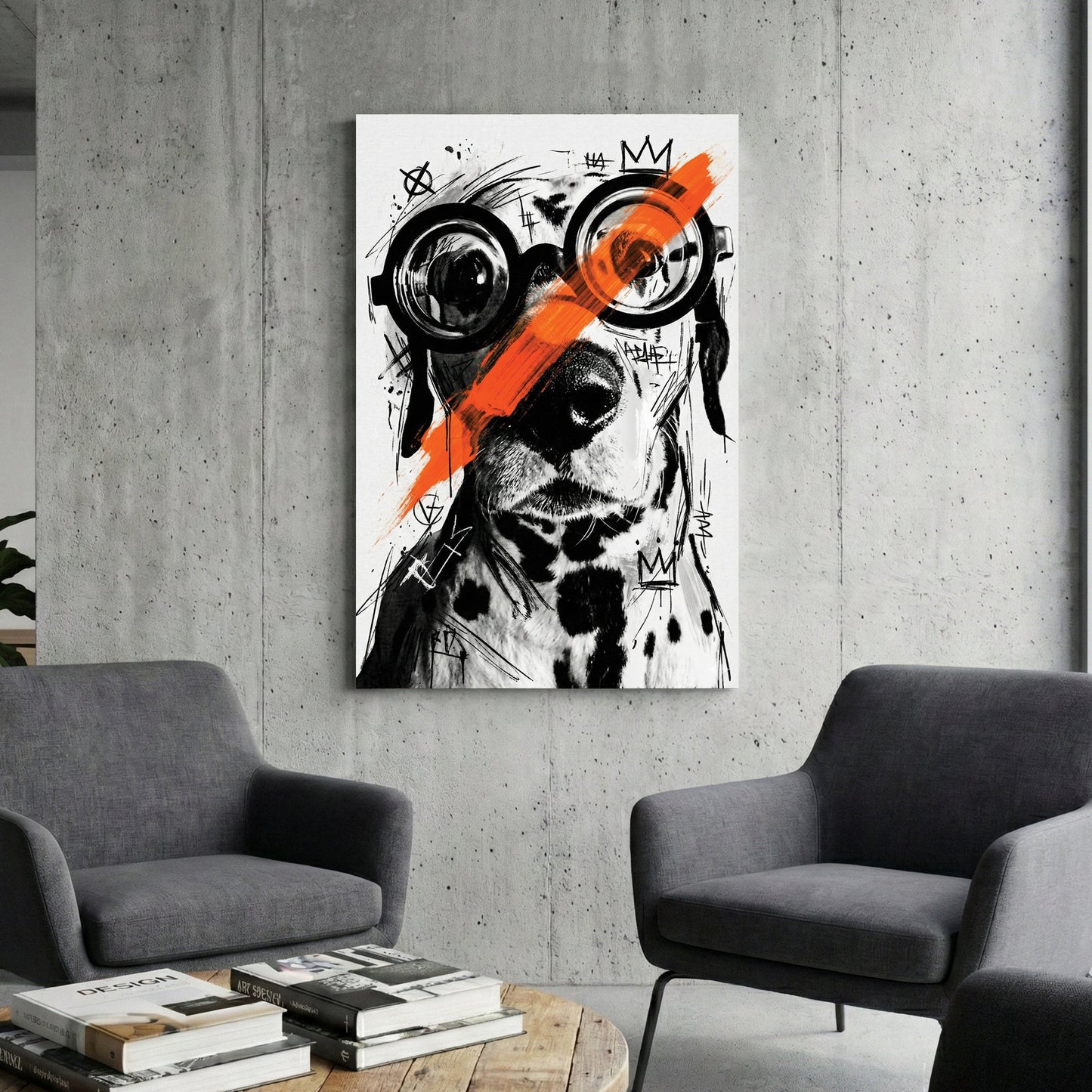 Portrait of figure in nerdy glasses with black ink and orange accents, street art style