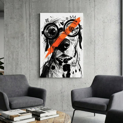 Portrait of figure in nerdy glasses with black ink and orange accents, street art style