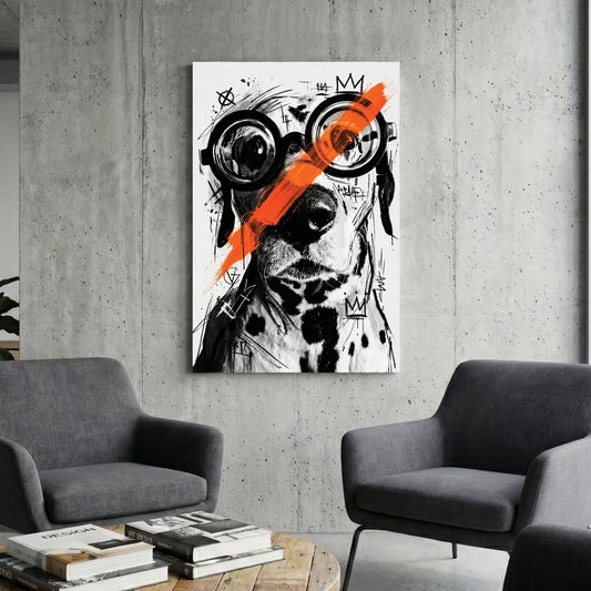 Portrait of figure in nerdy glasses with black ink and orange accents, street art style