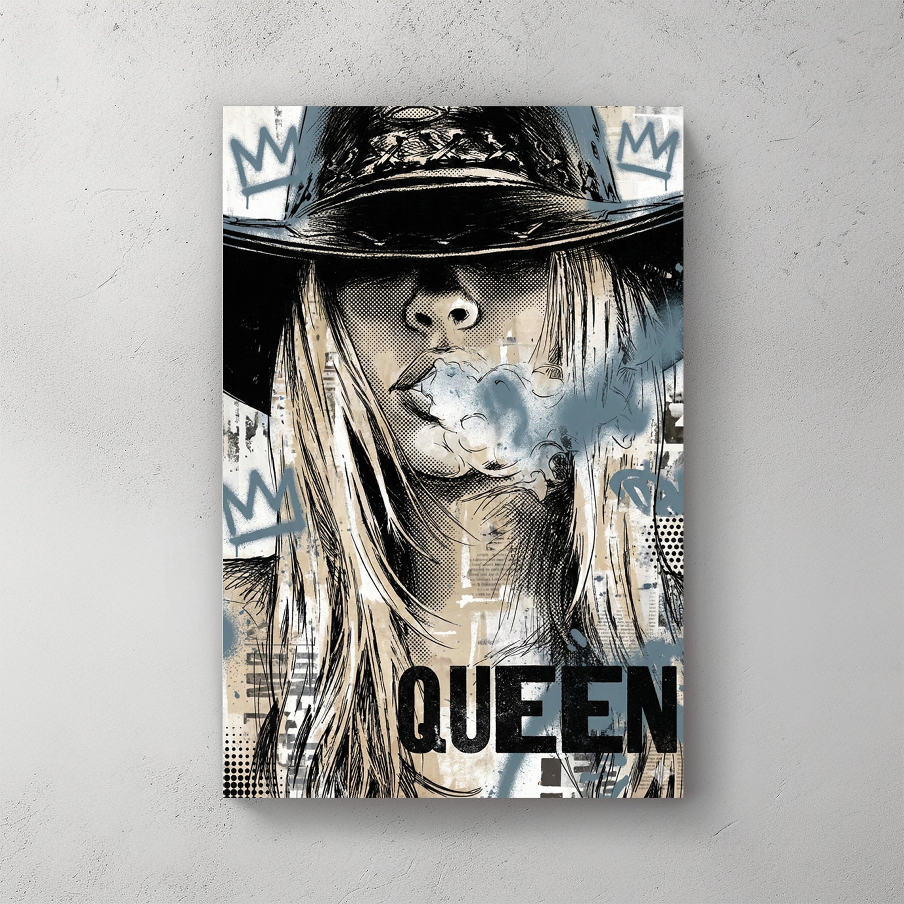 Woman wearing fedora hat with crown imagery, pop art portrait